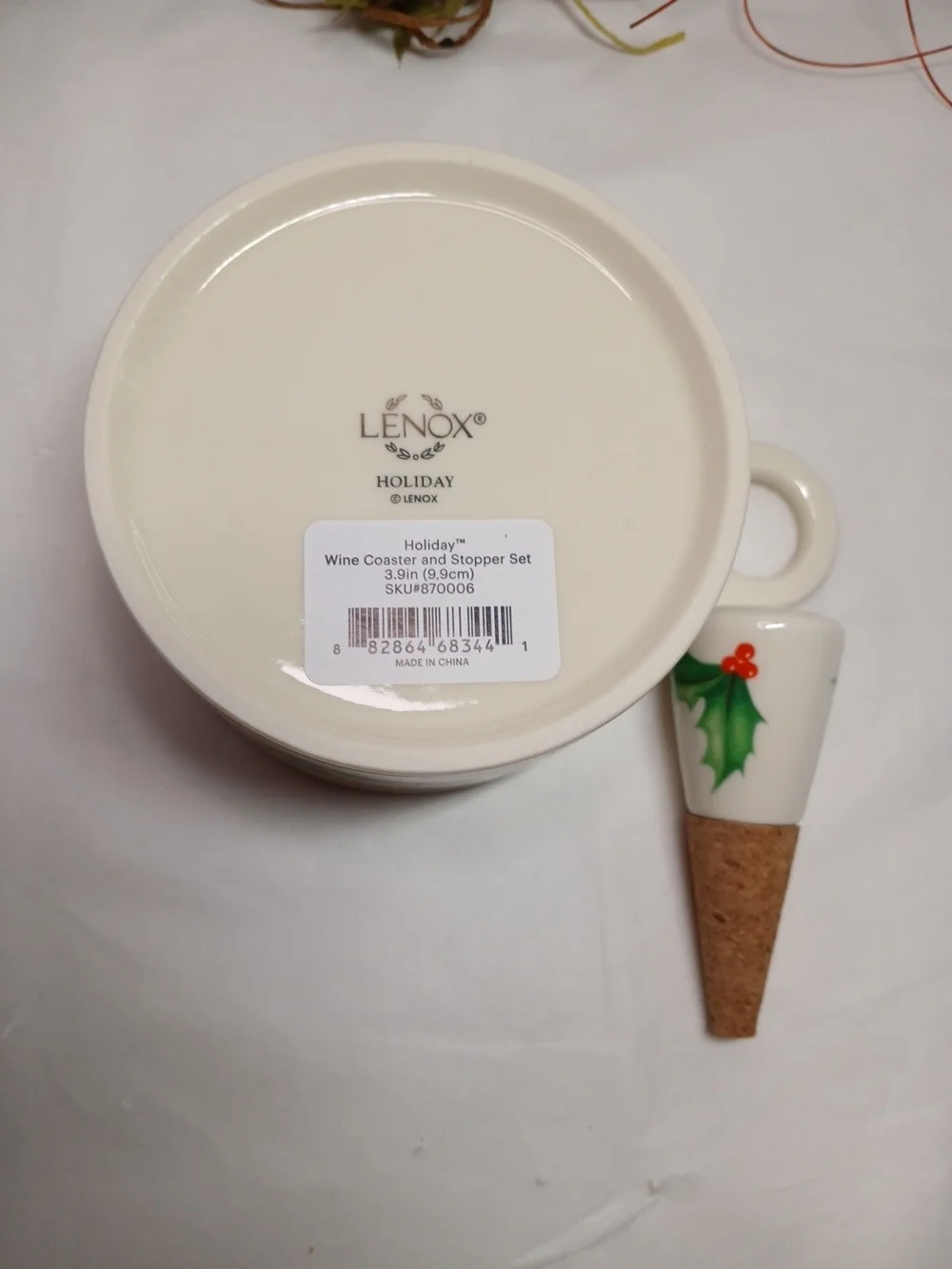Lenox Cream, Green and Red Holiday Wine Coaster & Cork Stopper Set